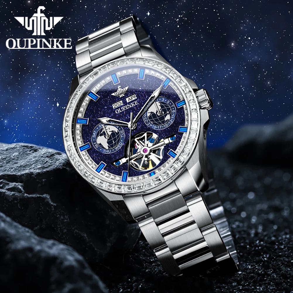 OUPINKE 3280 Automatic Mechanical Watch for Men Luxury Diamond Bezel Skeleton Flywheel Design Brand Original Man Wristwatch New