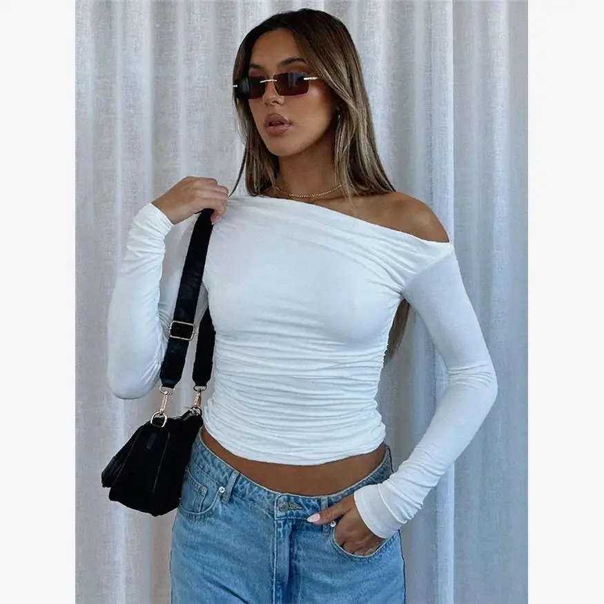 Women's Diagonal oulder Long Sve Pleated T-irt Casual Slim Fit Pure Color Autumn Cool Feeling Thin Fabric Top