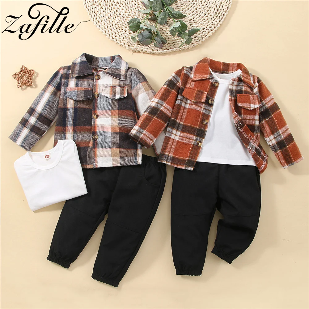 

ZAFILLE 3pcs Kids Boys Clothing White Tshirt+Plaid Shirt Coat+Pants Set Spring Autumn Toddler Boys Clothes 1-5Y Children Outwear