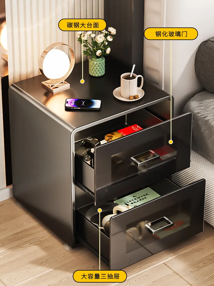 

PYH steel bedside table with drawers, iron sheet art model, light luxury and high-end sense, all-metal storage cabinet