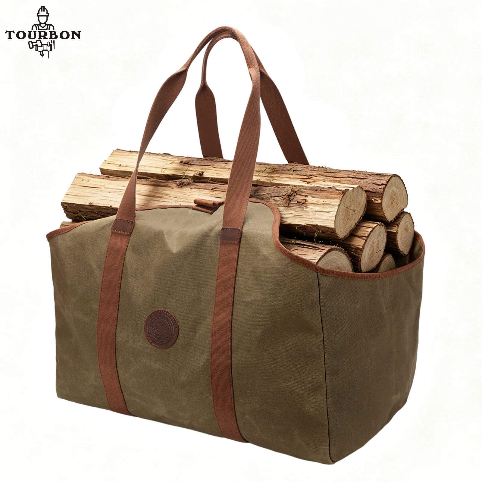 Tourbon Heavy Duty Canvas Log Carrier Tote, Large Fire Wood Storage Bag with Axe Pocket, Camping Outdoor Tools Organizer Handbag