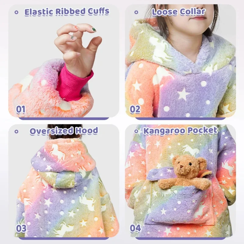 Wearable Blanket Hoodie for Kids Toddlers Sherpa Blanket Sweatshirt With Pocket Cute Hoodies 2-6 Year Old Girl Birthday Gifts