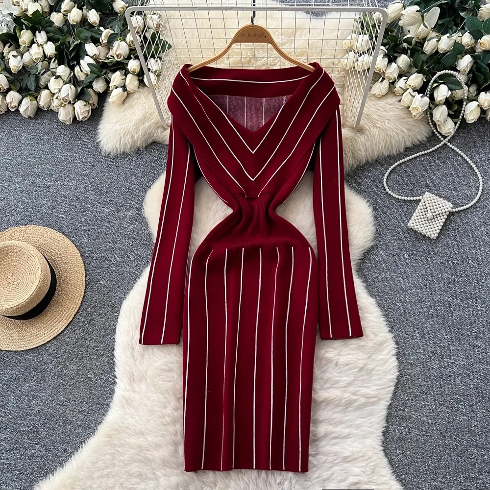 

Шикарное модное элегантное вязаное осеннее платье-свитер с эффектом облегания на бедрах, винтажное, с утягивающей талией, в полоску, облегающее, для женщин, Vestidos