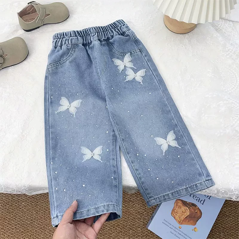 Girls BlingBling Denim Pants New Baby Diamond Bow Print Jeans Children Clothes Kids Straight Legged Pants Loose Trousers 2-10Y