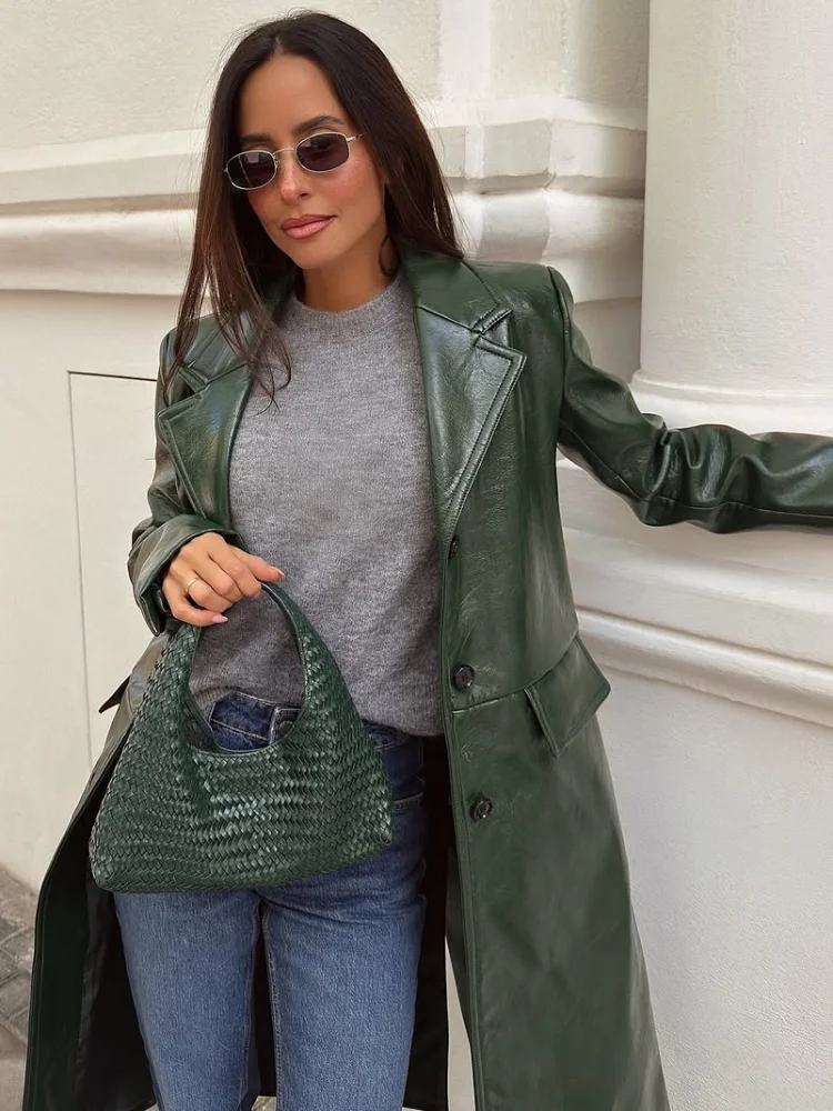 Green Lapel Retro Long Leather Jacket Women Fashion Full Sleeve Single Breasted Pocket Loose Jackets 2026 Lady Daily Street Coat