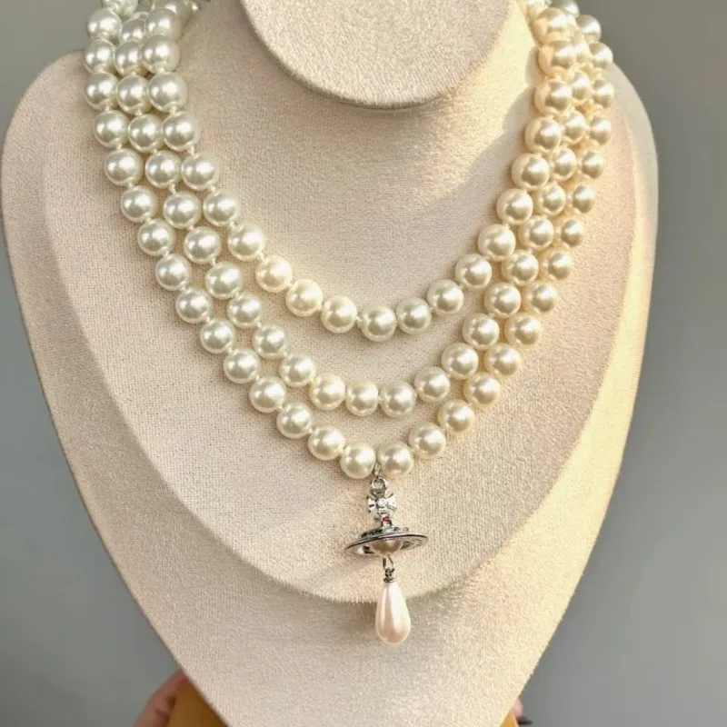 Vintage Multi Layer Pearl Saturn Necklace Water Drop Pendant Choker Women Sweet Lolita Wedding Party Jewelry