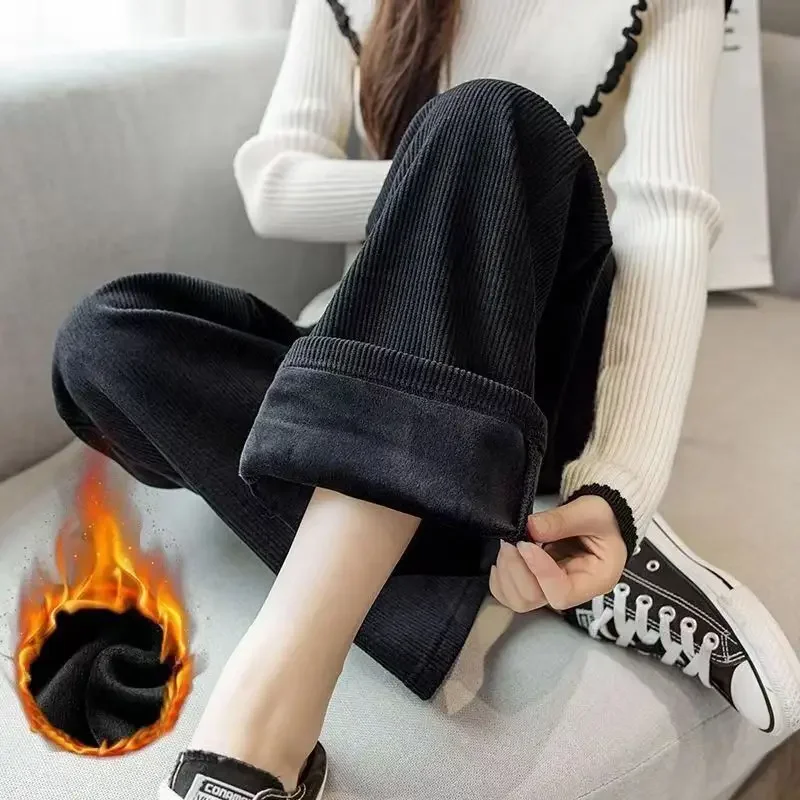 Zik Hekiy Women Thicken Velvet Warm Pants Cashmere Wide Leg Pants High Waist Straight Warm Trousers For Women 2023 Autumn Winter