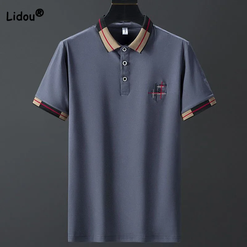 Verão roupas masculinas casual cor sólida bordado polo-pescoço camisa nova moda all-match magro manga curta camisa masculina