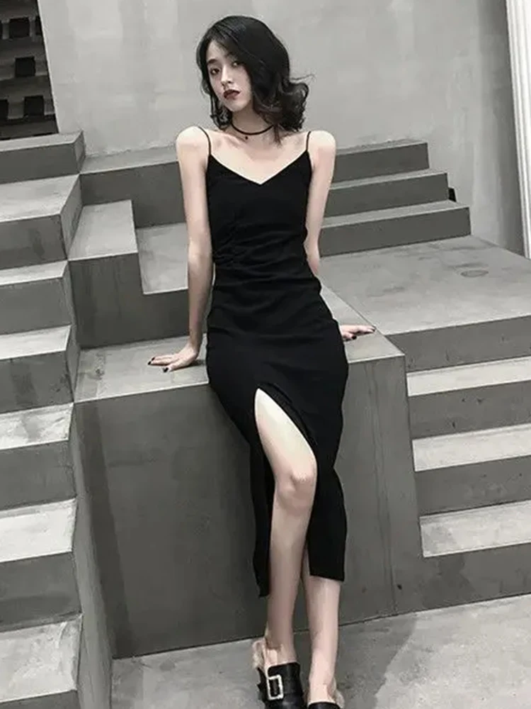 2025 mode zomer vrouwen jurk vestidos de mujer effen geplooide split jurken vrouwen hoge taille temperament sling sexy gewaad femme