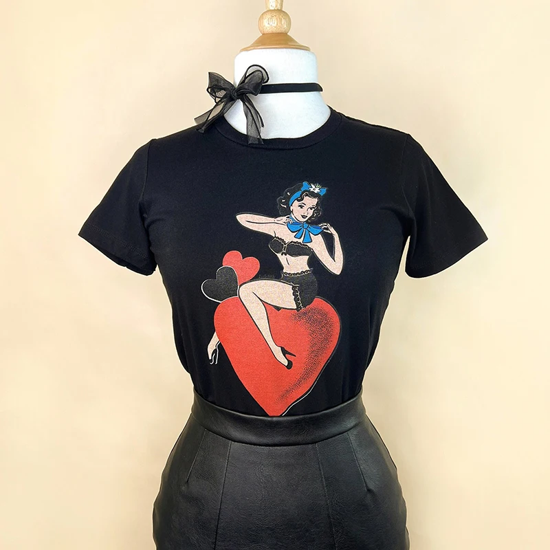 2000s Black Women T Shirts Cotton Sexy Lady Ride Red Heart Womens T-shirt Y2k Summer Fashion Vintage Retro Clothes Tshirt