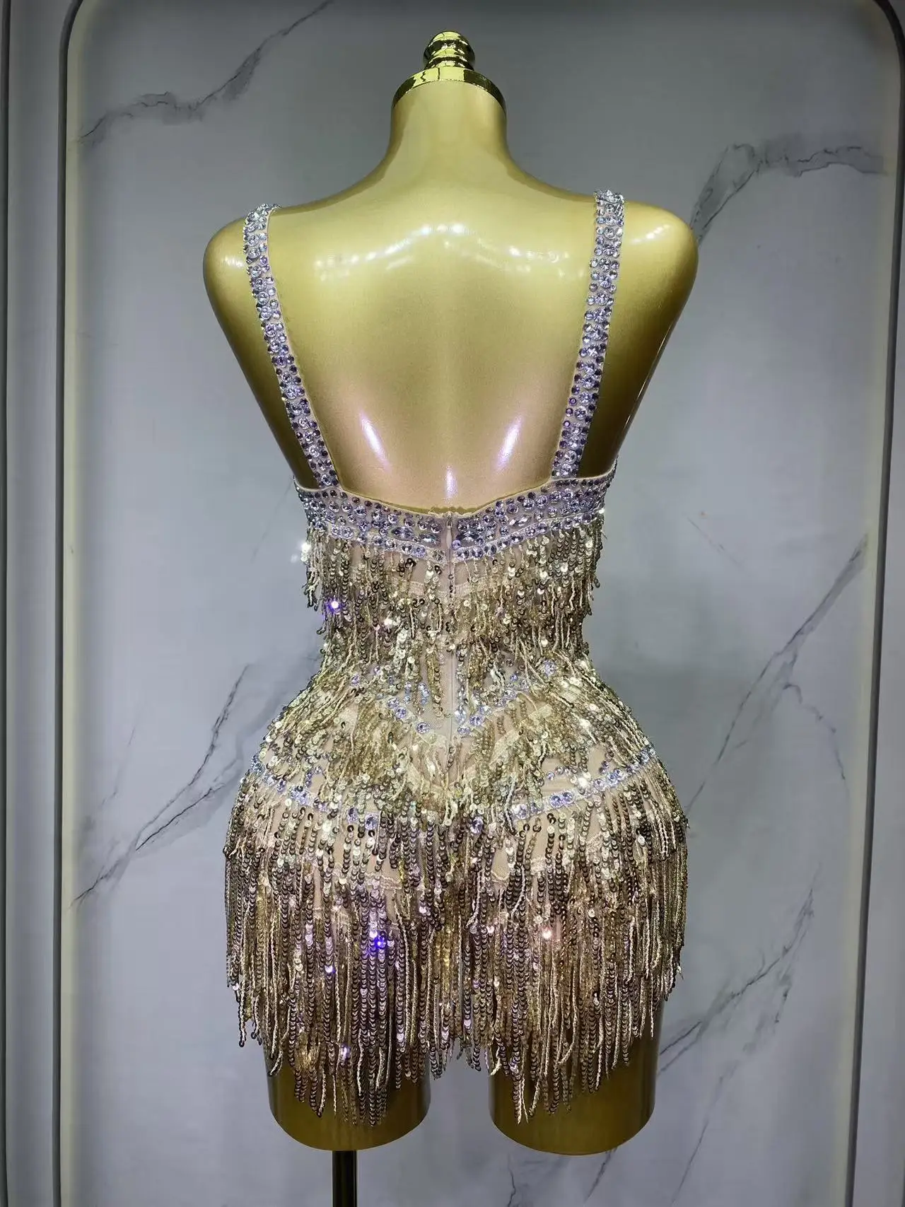 Sparkly Rhinestones Fringes Bodysuit Women Sexy See Through Party Outfit Performance Dance Costume Singer Dancer Show Stage Wear view 3