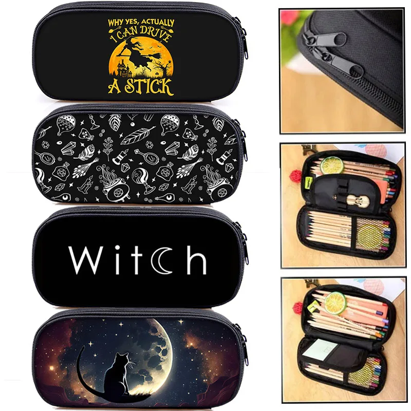 Witchy Woman Pencil Bag Gothic Magical Hat Moon Star Cat Cosmetic Cases Organizer Stationary Bag Witchcraft School Case Supplies