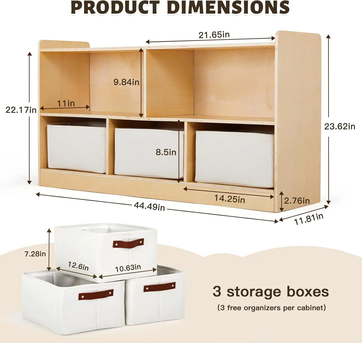 Shelf with Storage Boxes, Wooden Toy Storage Organizer for Books Toys, 2 Shelf Bookcase, 5-Section Storage Cabinet, Toddler Book