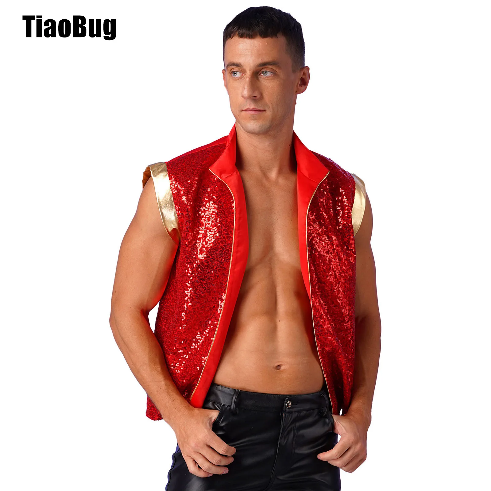 

Mens Arabian Prince Vest Halloween Cosplay Sparkly Sequin Open Front Metallic Patchwork Waistcoat Indian Arabian Costumes