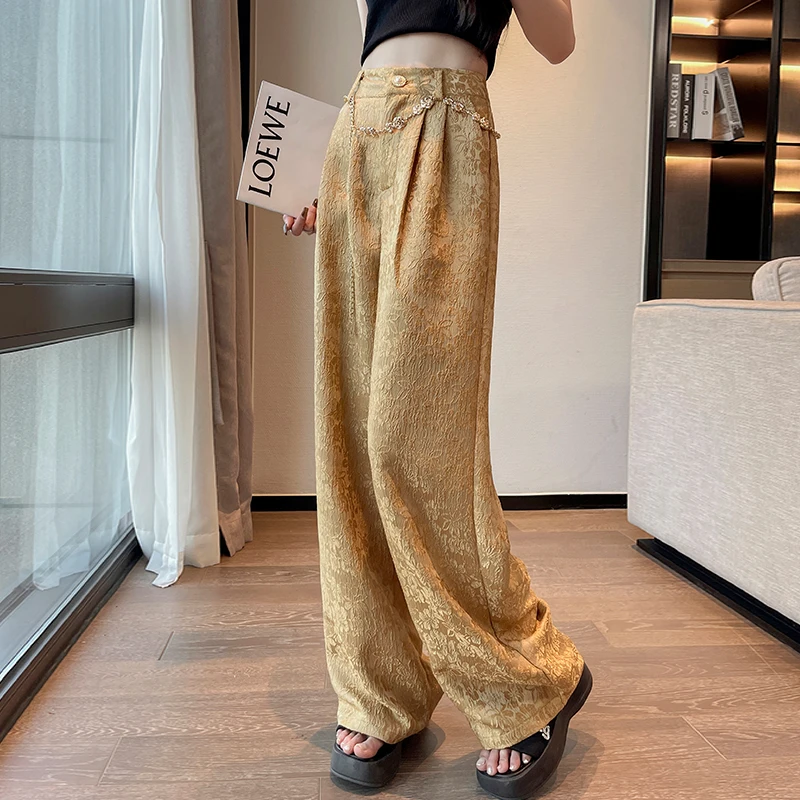 

Summer Chain Pants Women’s Wide Leg Pants Women Korean Style High Waist Black Office Ladies Fashion Loose Trousers Streetwear