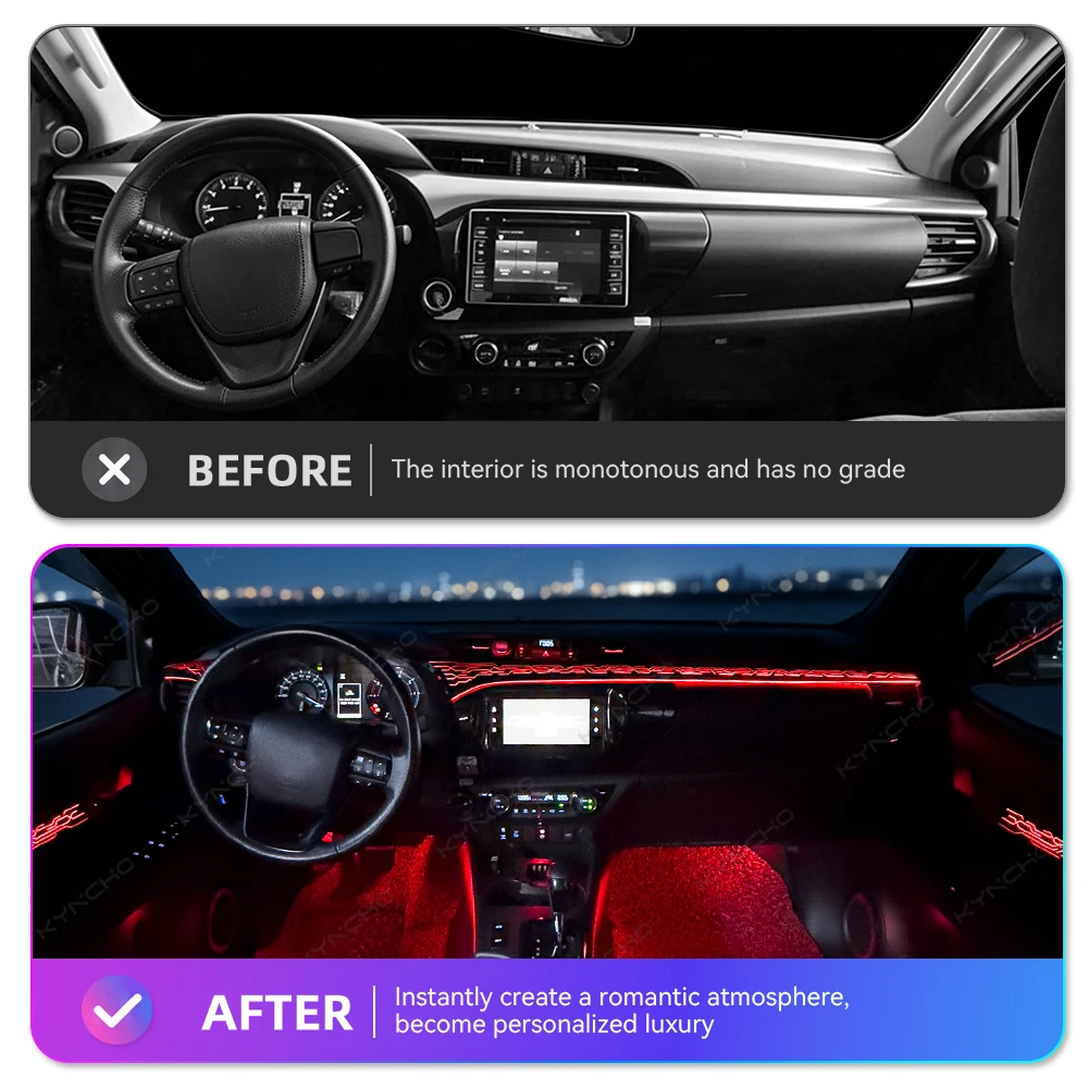 For Toyota Hilux Auto Interior Lighting 64 Color LED Car Ambient Light Kit Bluetooth APP Control 12V Invisible Design