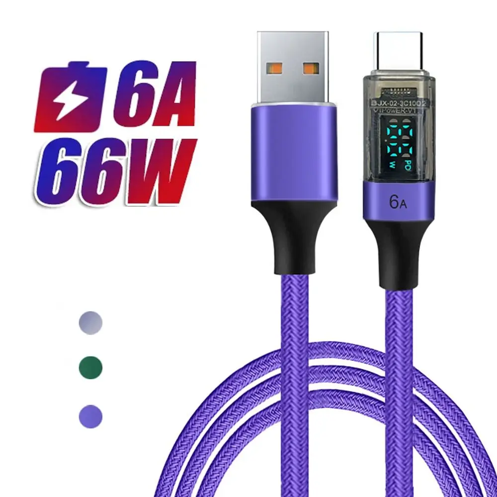 Digital Display 6A USB C Cable PD 66W Nylon Woven A to C Data Cord 0.5M/1M/2M Quick Charge for Xiaomi/Samsung/OPPO