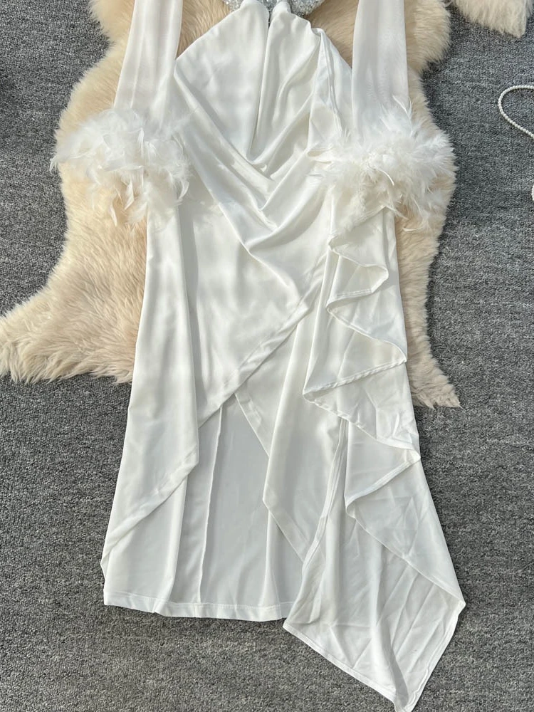 French Elegant Luxury Satin Sequin Dress for Women Feather-Sleeve Patchwork Long Sleeve Slim Ruffle Hem Vintage Casual Dresss