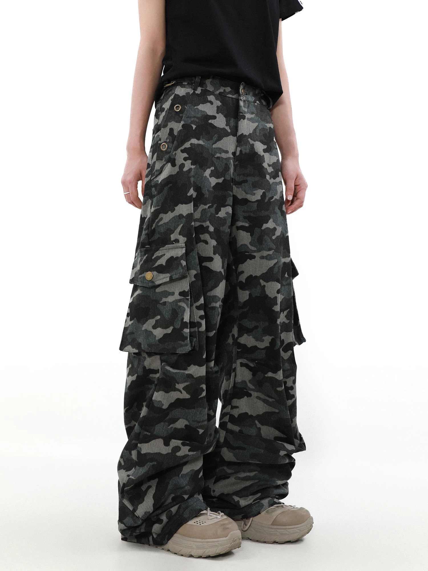 American Retro Camouflage Wide-Leg Overalls Straight European Hip Hop High Street Loose Casual Pants Men