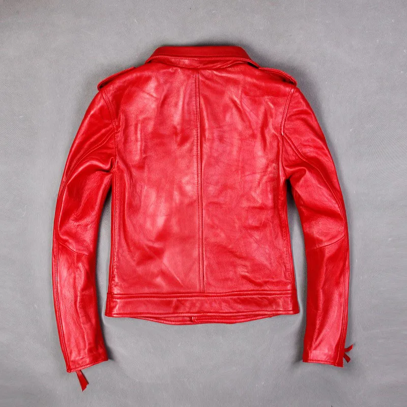 2023Women Lapel Genuine Leather Jacket High Quality Slim Fit Long Sleeve Sheepskin Coat Fashion Red Motorcycle Short Outerwear