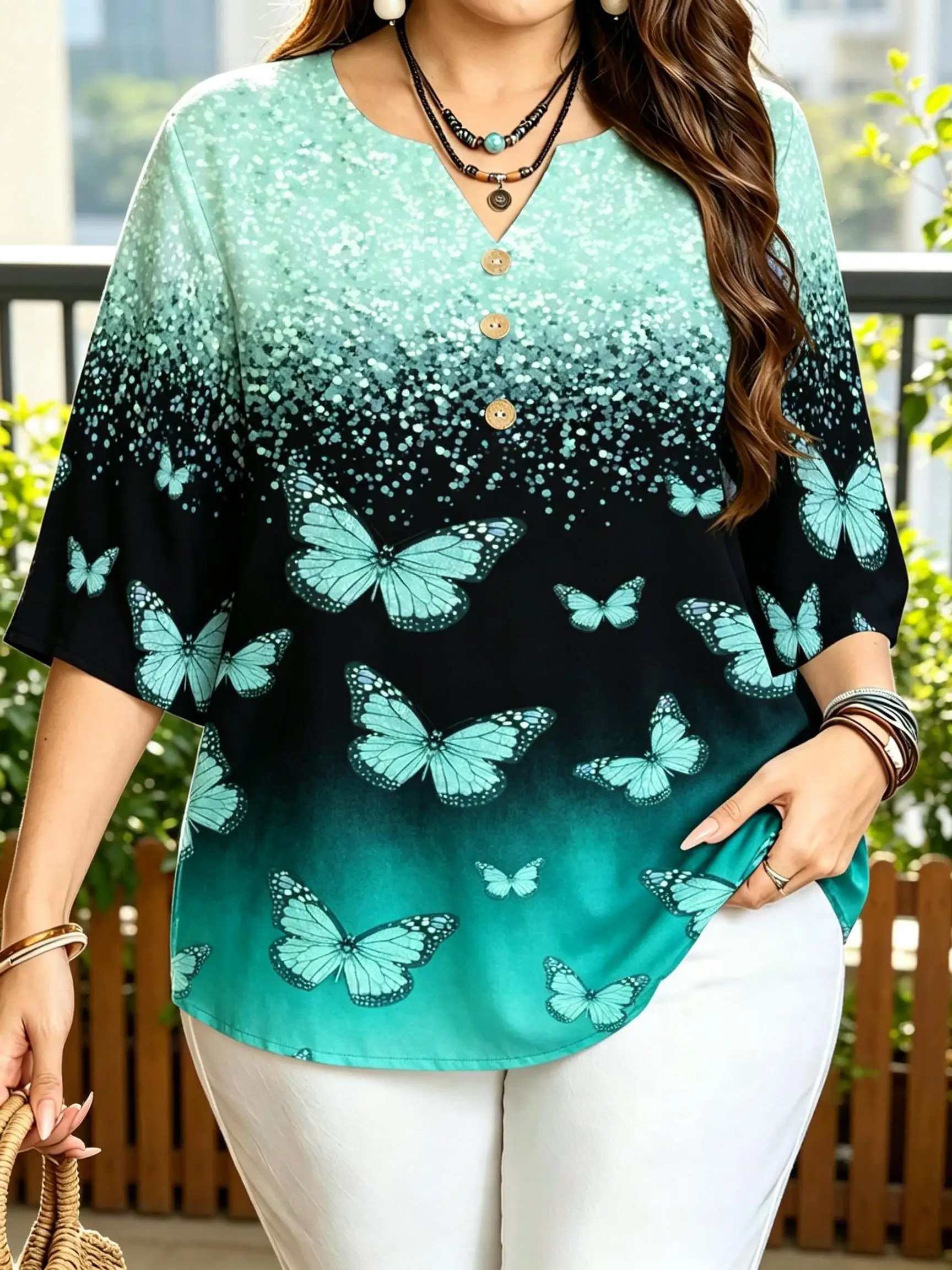 Gradient Glitter Butterfly Print Blouses Notch Split V Neck 3 Decor Buttons 3/4 Sleeve Loose Plus Size Women Daily Casual Tops