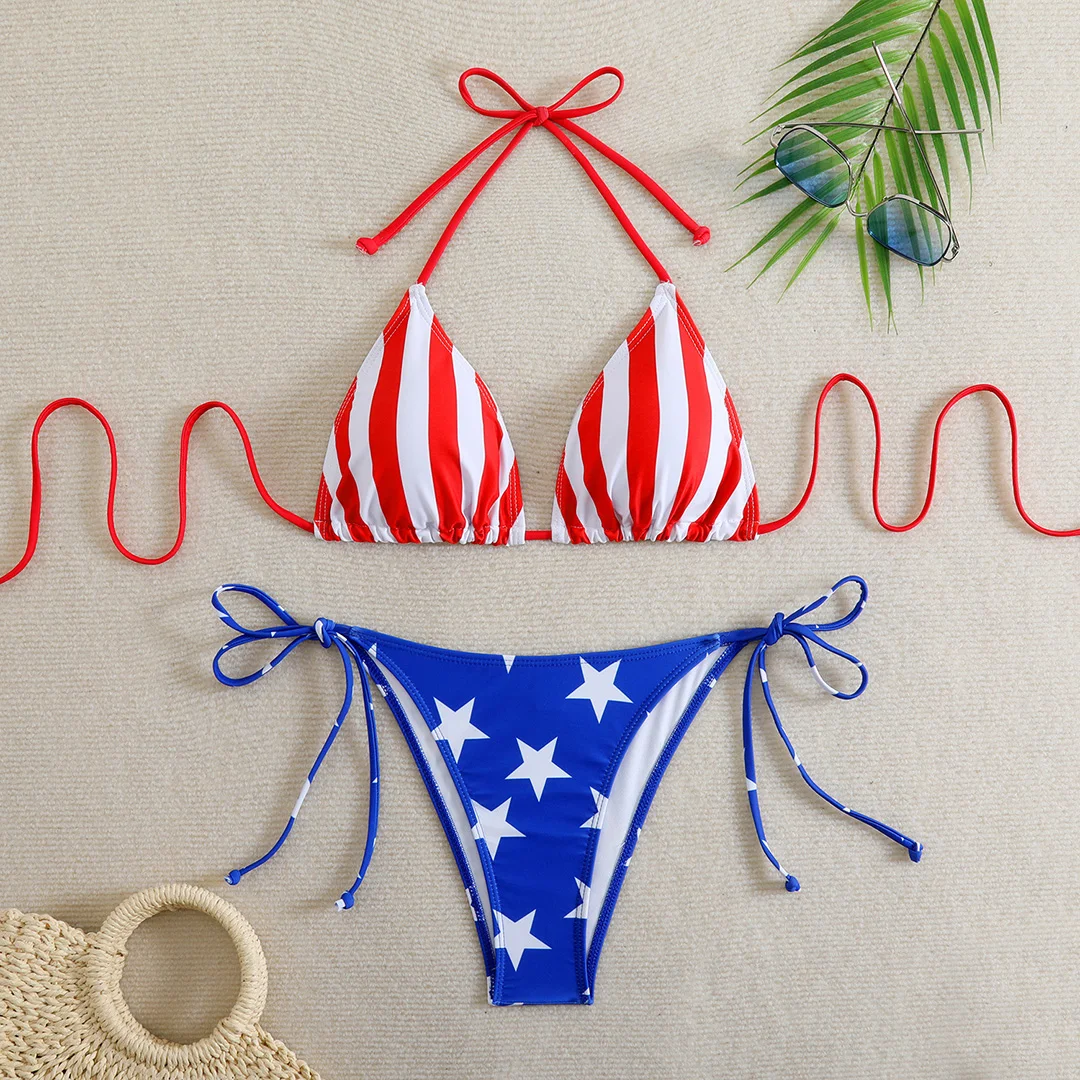 Halterneck-Bikini mit Streifenmuster und Leopardenprint, zweiteiliger Badeanzug für Damen, Badebekleidung, Badeanzug, Badeoutfit, Modell V6840L. – Detail 30