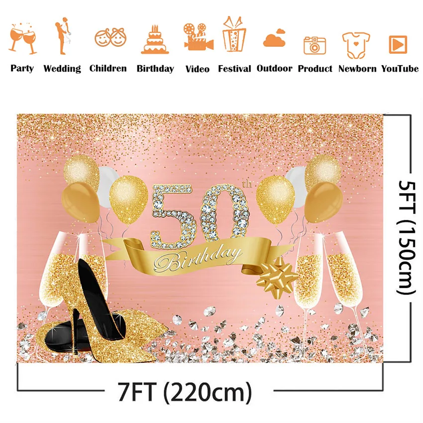 Pink 50th Birthday party decoration background gold glitter shiny fifty birthday background balloon High heels Champagne