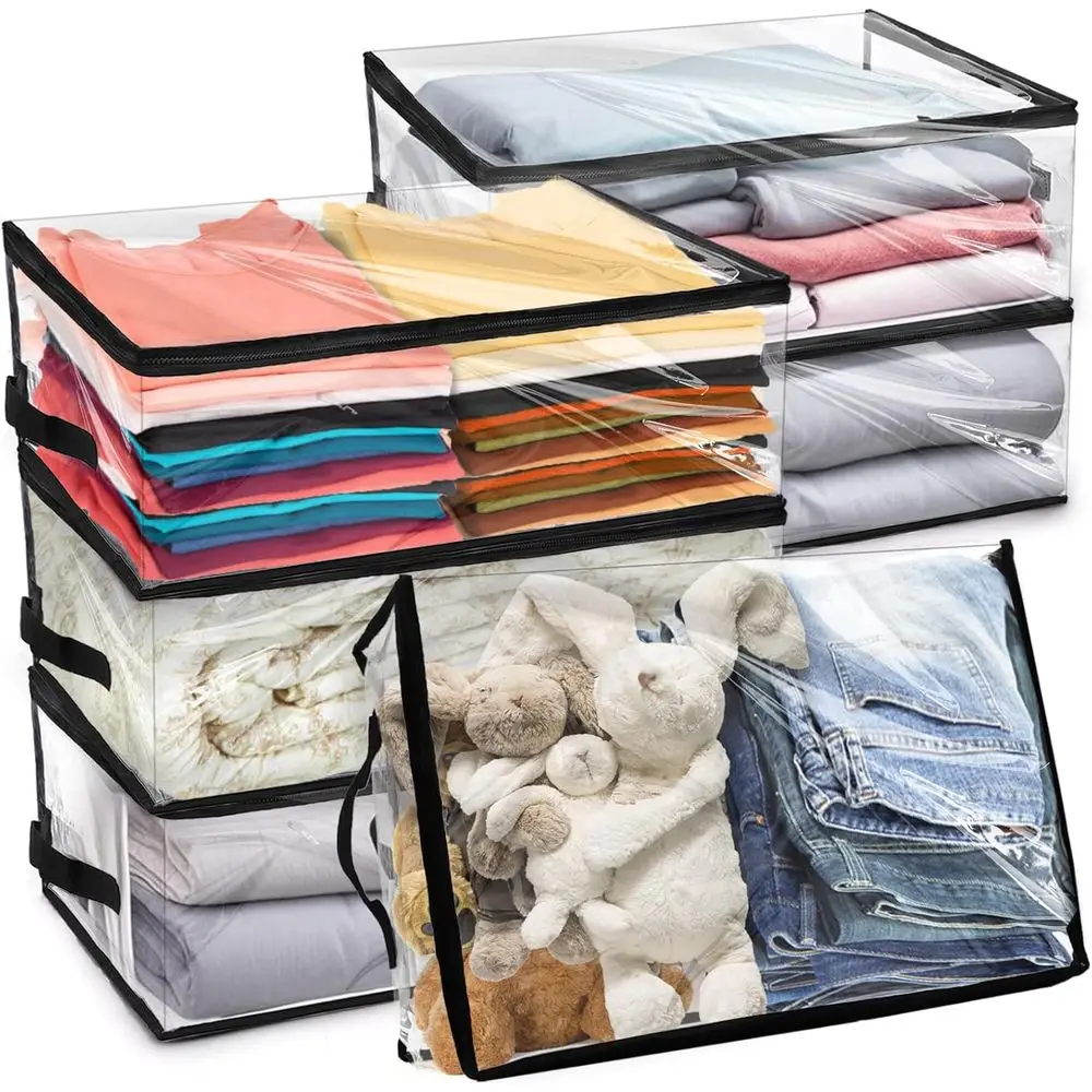 

6 Clear Vinyl Zippered Bags for Blankets, Clothes, Bedding, and Toys - 35L Storage