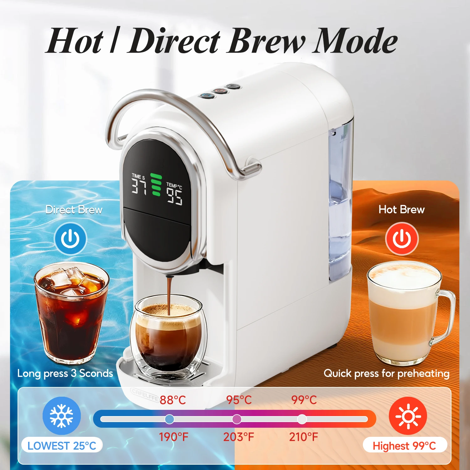 Appareil de préparation de café à usage unique, compatible avec plusieurs formats, 1450 W, extraction à 19 bars, mode de préparation à froid, réglage de l’eau en 7 étapes, compatible avec les dosettes et le thé en poudre. |   CAFELFFE MK609SI