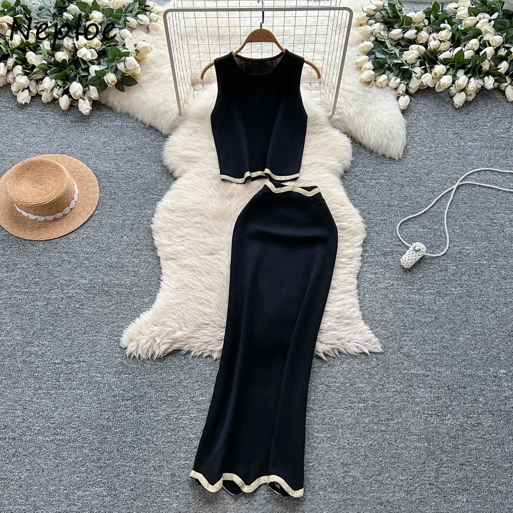 

Neploe Moda Panelled O Neck Sleeveless Knit Set Vest High Waist Bodycon Fungus Slim Skirt Advanced Commuter Minority Suit Faldas