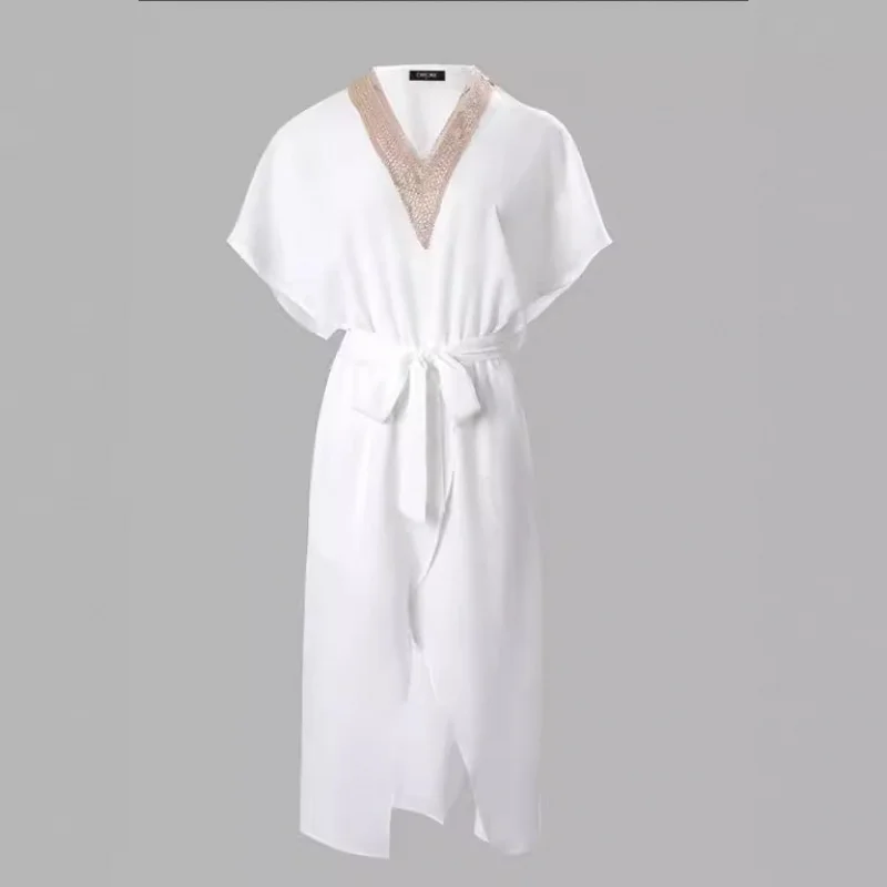 2023European and American Summer Fashion Mature Women's LaceVCollar Self-Tie Slit Casual Dress