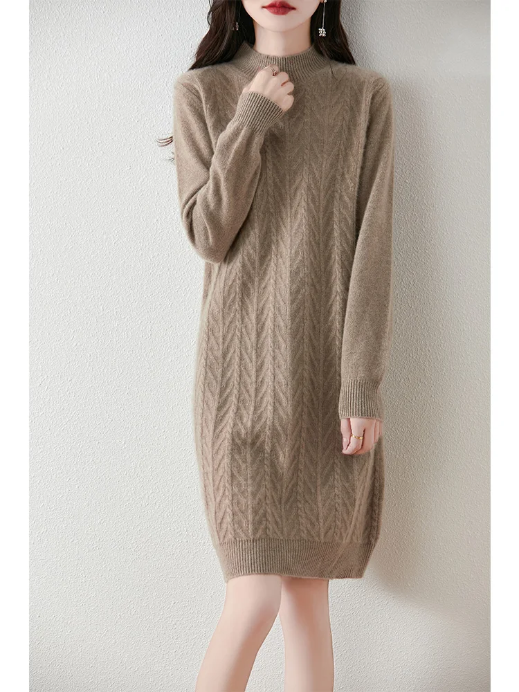 100%Pure Wool Knitted Dress Women Half-High Collar Mid-Length Skirt Fashion Jacquard High Waiste Sweater Autumn Loose Wild Dress