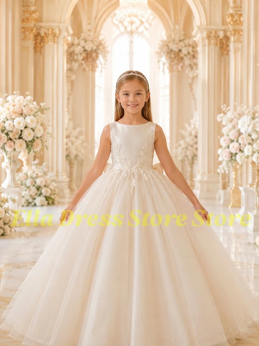 Großhandel Maßgefertigtes Ballkleid mit Champagner-Applikationen, Tüll-A-Linie, Blumenmädchenkleid mit Juwel-Ausschnitt und bodenlangem Rock – Detail 1