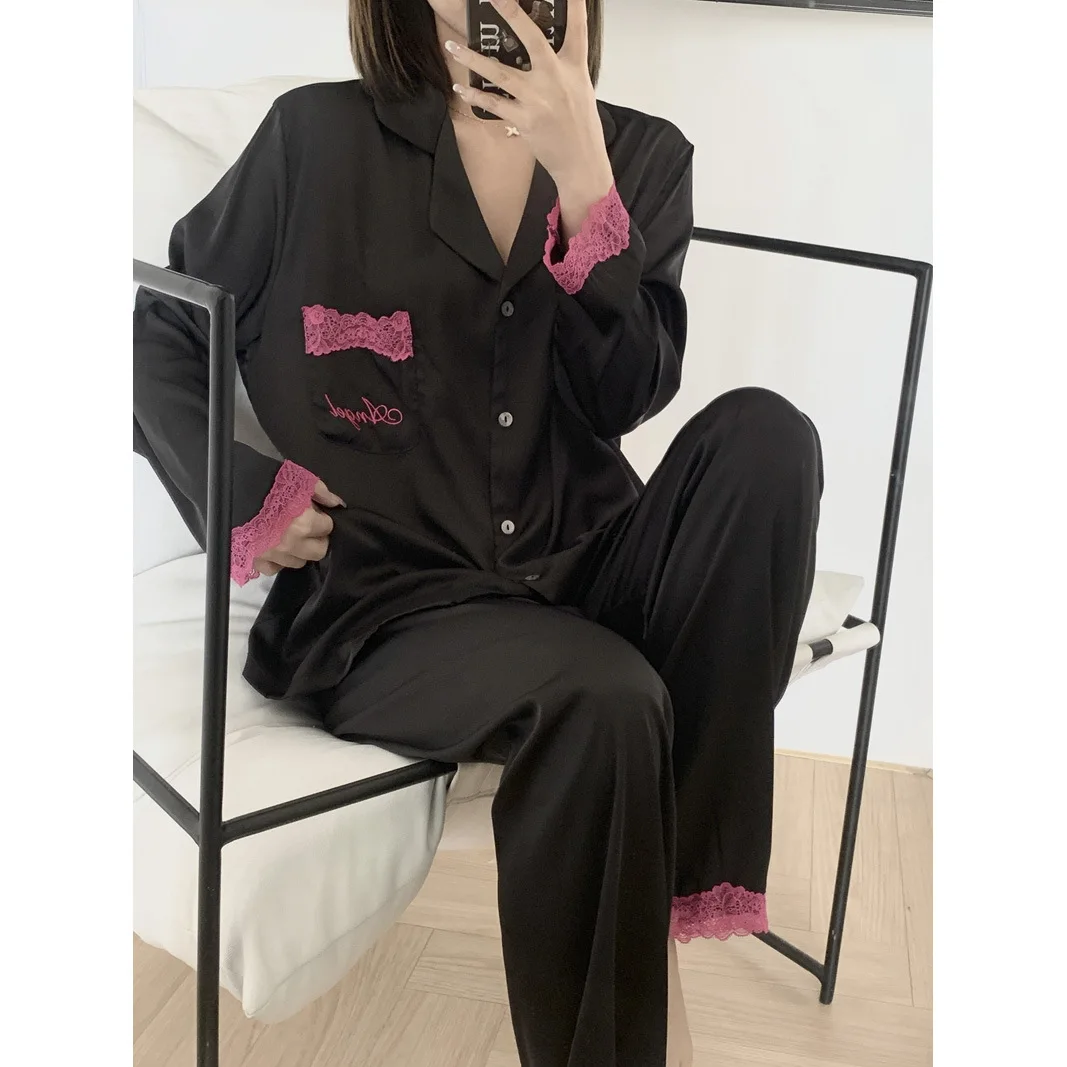 Spring Summer Female Pajamas Two Piece Set Sleepwear Sexy Black Lace Trim Nightwear Trouser Suits Silk Satin Loungewear Homewear