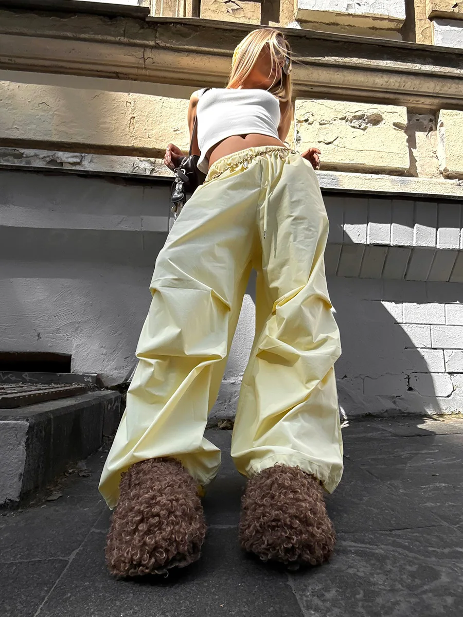 Wolfeel Calça cargo feminina cintura baixa 100% algodão com cordão franzido calças largas bainha elástica outono calças casuais