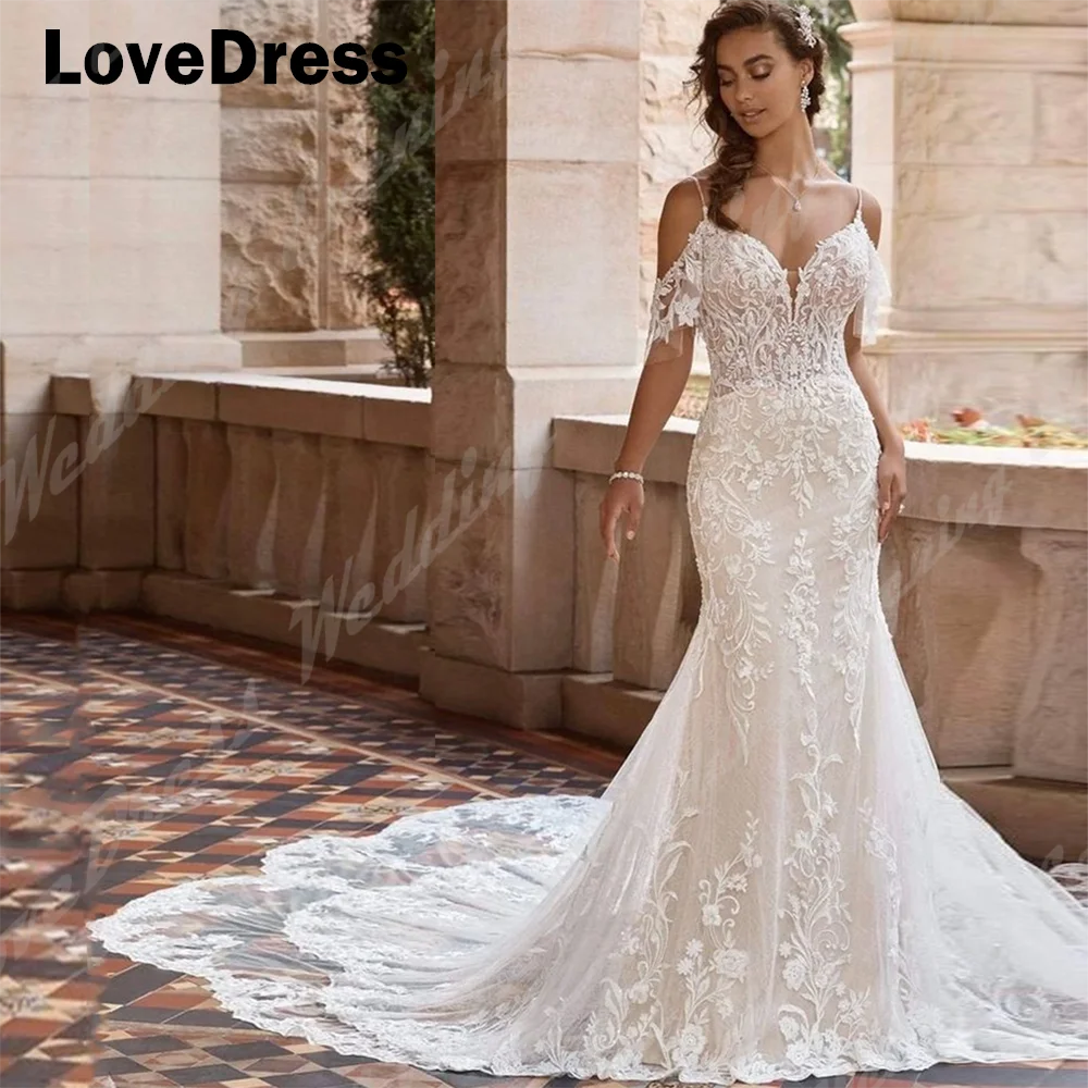 LoveDress Simple Spaghetti Straps V Neck Mermaid Wedding Dresses Lace Appliques  Bridal Dresses Backless Vestidos De Novia