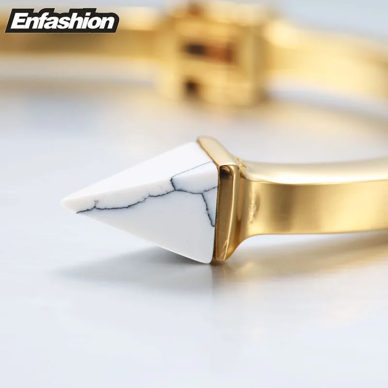 Enfashion Natural Stone Spike Cuff Bracelet Manchette Gold color Bangle Bracelet Women Stainless Steel Bracelets Bangles