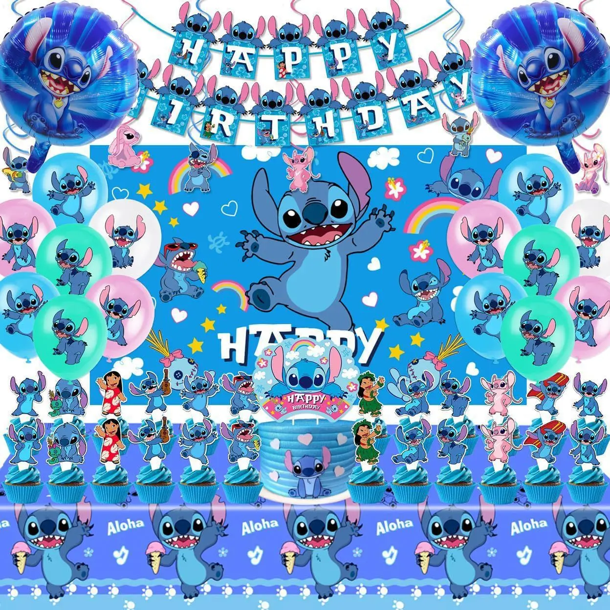 

Stitch Themed Birthday Party Decor Set - Banner, Tablecloth, Cake Decorations, Latex Balloons & Backdrop, Cute Party Kit