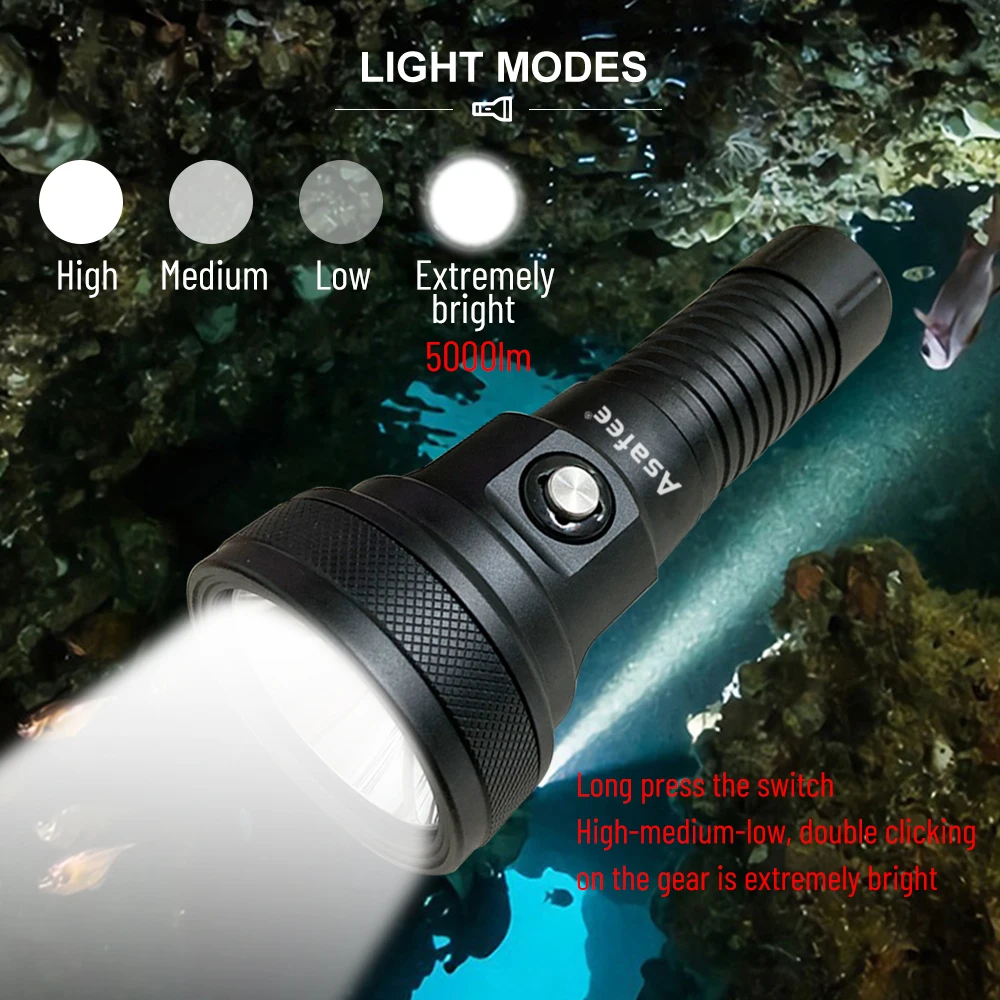 Asafee DT01 150M Underwater Diving Flashlight 5000LM SBT90 LED Powerful Waterproof Dive Torch Professional Scuba Diving Light