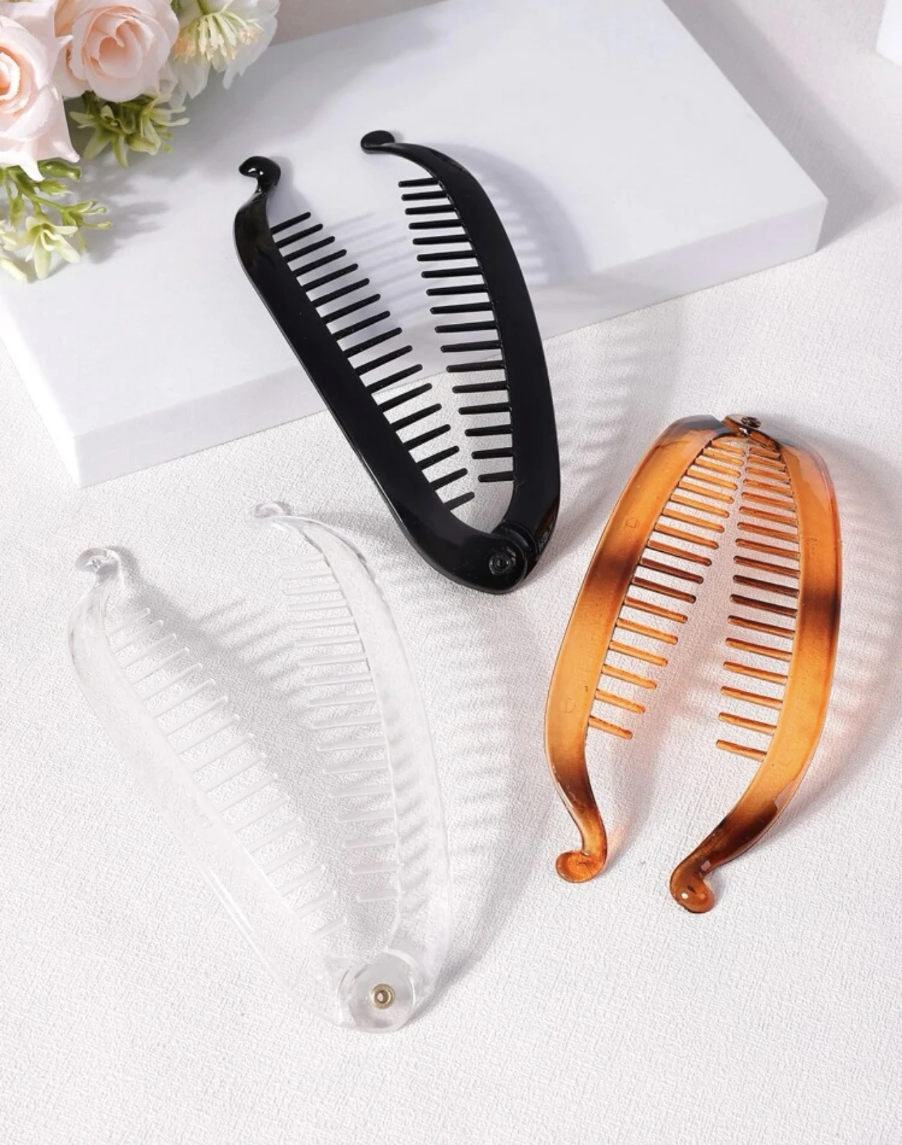 3 Stück Damen Schwarz Klar Schildpatt Ombre Bananenklammer Haarklammern Pferdeschwanz Haarspange – Detail 3