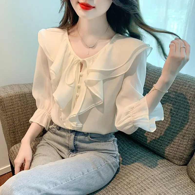 Lotus Leaf Edge Chiffon Shirt with Feminine Charm Lace Up Top Stylish Seven Quarter Sleeved Shirt