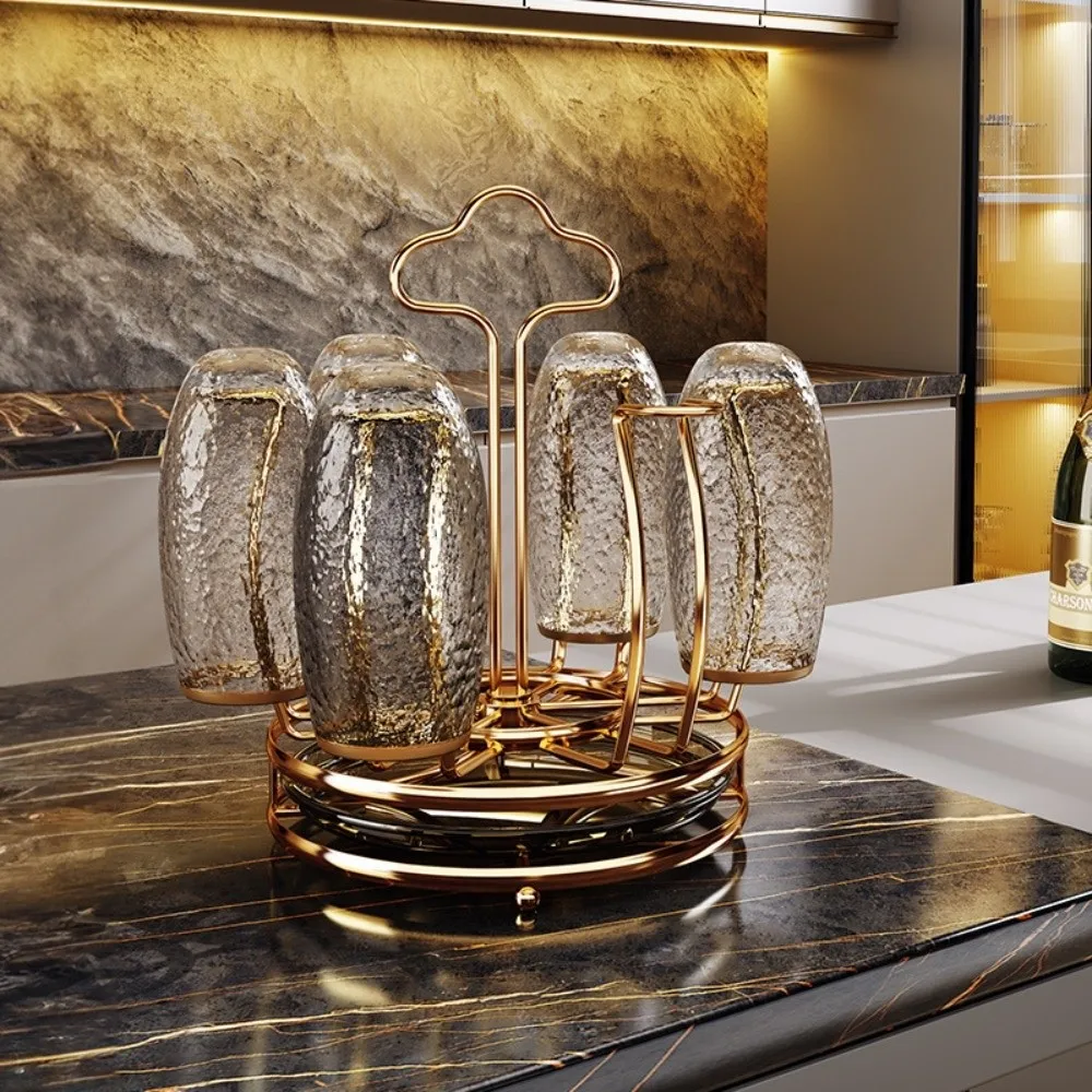 Gold Cup Holder with Water Drain Tray 360° Rotation Space Saving Mug&Cup Organizer Large Capacity Display Glass Cup Storage Rack