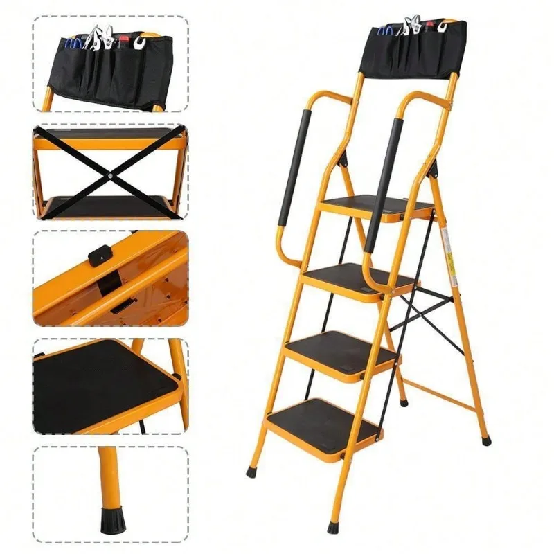 Stool Ladder Folding Safety Handrail Removable Folding Step Installable Tool Bag Non-Slip Wide Pedal Home Kitchen, Pantry Office