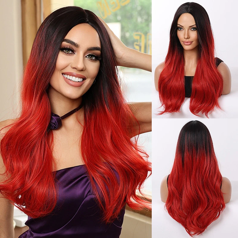 European American style black red gradient wavy fashion wig synthetic fiber women's full headpiece middle-parted long
