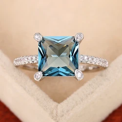 Huitan Unique Princess Cut Blue CZ Women Rings High Quality Silver Color Sparkling Wedding Bands Accessories Gift Trendy Jewelry