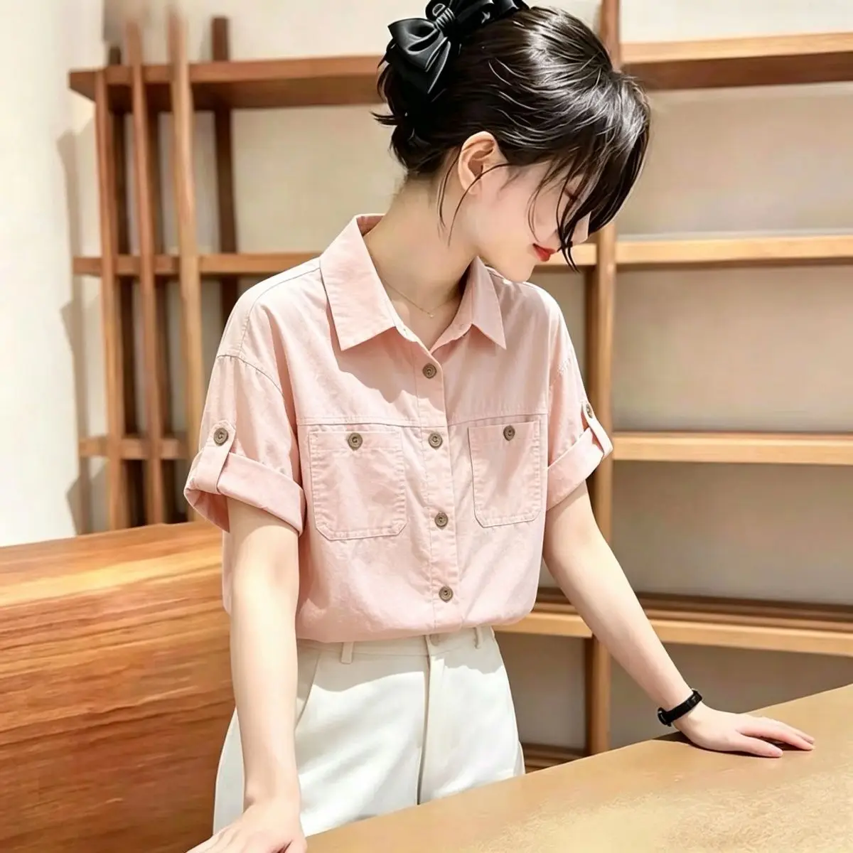 Elegant Pink Short Sleeve Shirt Women's Fashion Workwear Style Summer plus Size Slimming Unique Beautiful Top  Collar