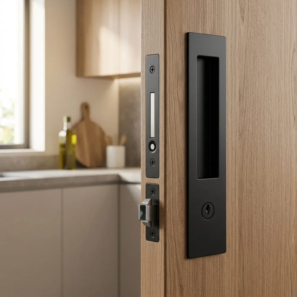Flush Sliding Pocket Door Hardware Set Matte Black Finish With Edge Pull Hook Latch For Home Interior Household Door Supplies