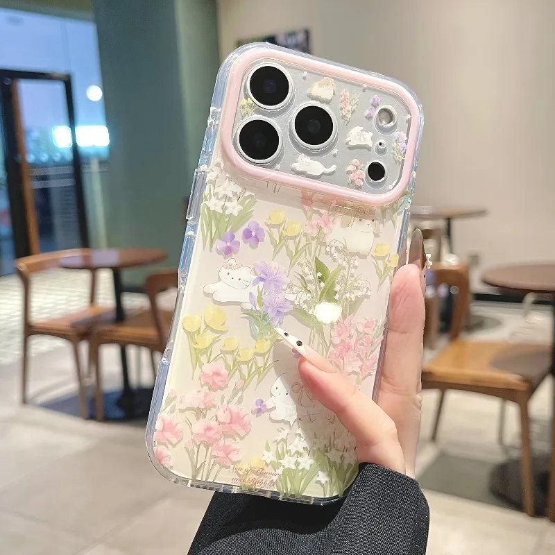 Fresh Flower Rabbit Cat Pattern Shockproof Phone Case For iPhone 11 12 13 14 Pro 15 16 17 Pro Max Cartoon Protection Back Cover - view 2