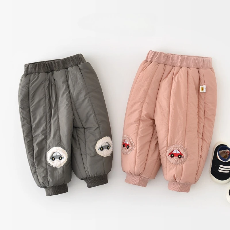 2025 Baby Winter Solid Color Cartoon Car Pattern Quilted Cotton Thickened Warm Outer Cotton Pants