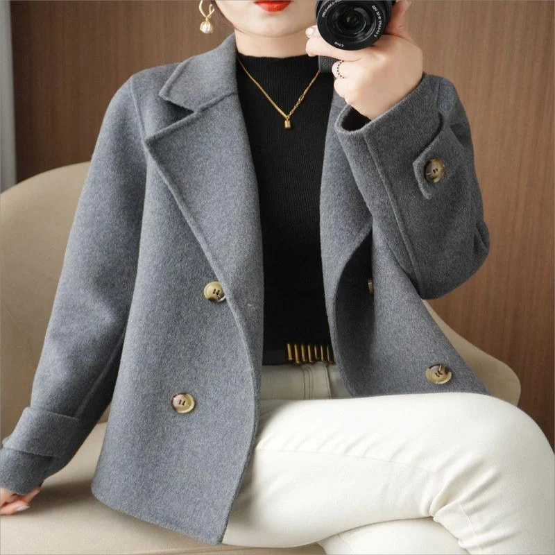 Giacca Blazer di lana Vintage moda coreana da donna giacca da ufficio Casual manica lunga allentata Outewear doppio petto cappotto Chic spesso